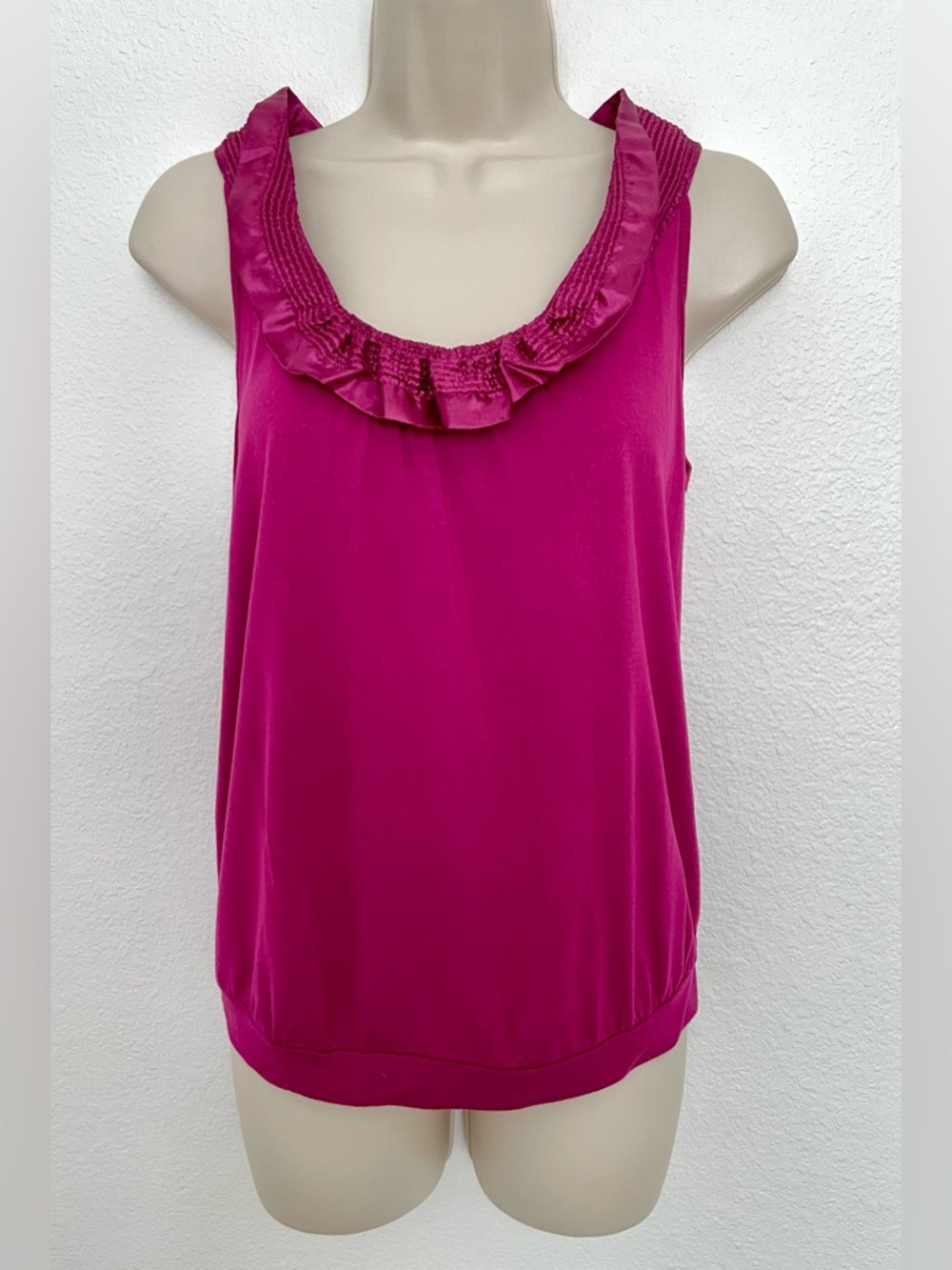 Anthropologie One September Sleeveless Satin Ruffle Scoop Neck Tank Top Magenta